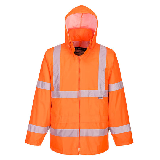 Portwest H440 orange hi-vis rain jacket – waterproof safety gear with reflective strips