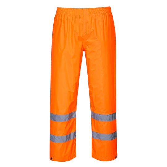 Hi-vis orange Portwest Rain Trouser with reflective leg bands.