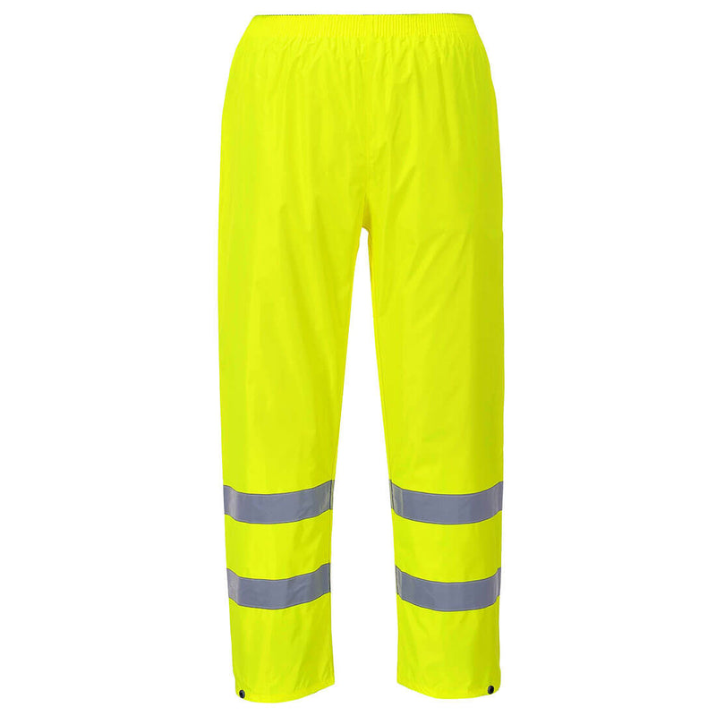 Hi-vis yellow Portwest Rain Trouser with reflective leg bands.