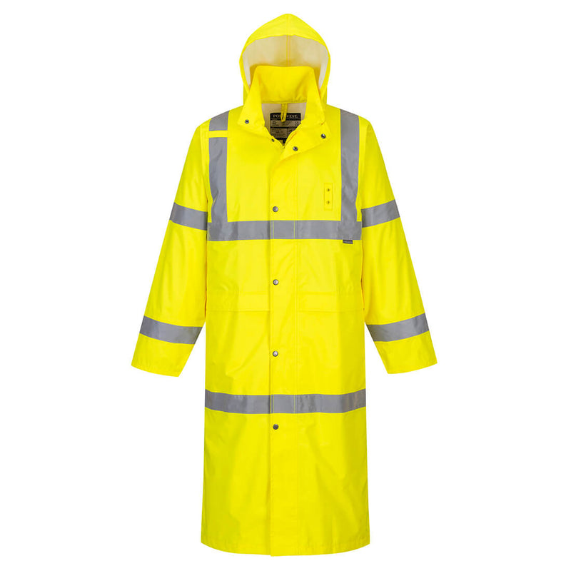 Portwest H445 yellow long raincoat – 122cm full-length hi-vis waterproof safety coat