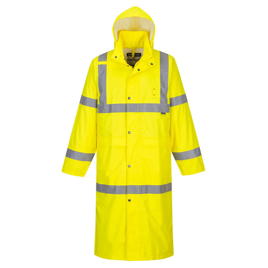 Portwest H445 yellow long raincoat – 122cm full-length hi-vis waterproof safety coat