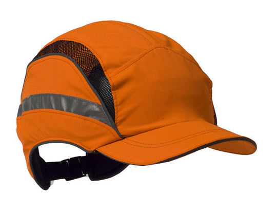 High-visibility orange 3M First Base 3 bump cap with a reduced 55mm peak for better vision.