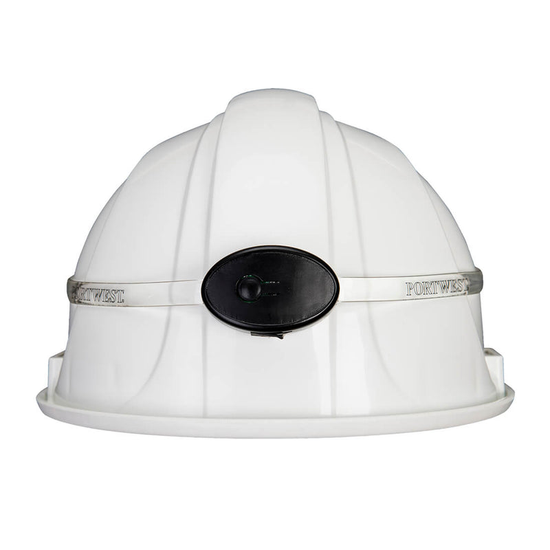 Black Portwest 360-degree illuminating band light (HV14) shown fitted around a safety helmet.