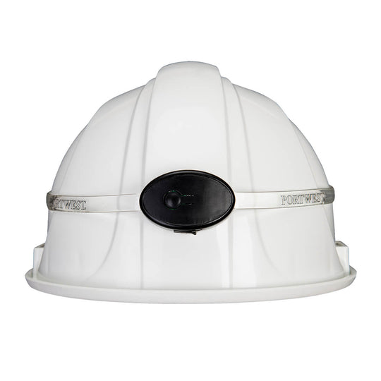 Black Portwest 360-degree illuminating band light (HV14) shown fitted around a safety helmet.