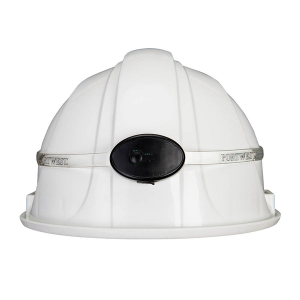 Black Portwest 360-degree illuminating band light (HV14) shown fitted around a safety helmet.