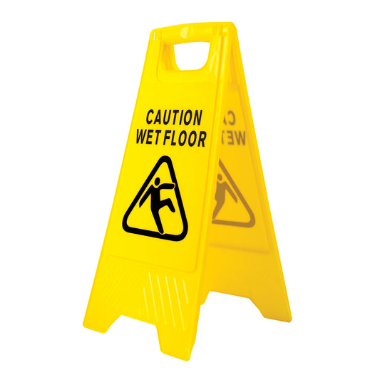 A bright yellow A-frame Portwest 'Wet Floor' sign (HV20) with a universal slipping person icon.