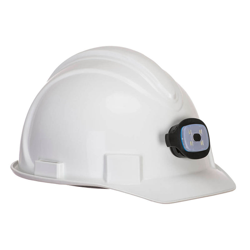A small, magnetic Portwest USB rechargeable helmet light (HV29) shown illuminated in the dark.