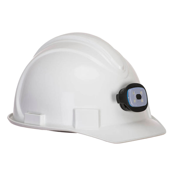 A small, magnetic Portwest USB rechargeable helmet light (HV29) shown illuminated in the dark.