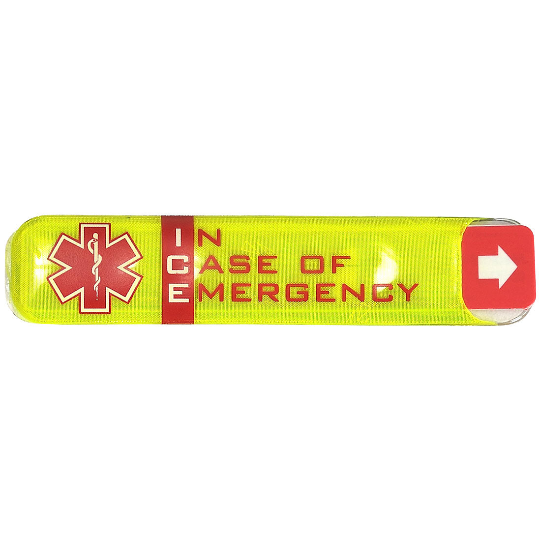 A high-visibility yellow Portwest ID holder (ID10) with a clear window displaying an ID card.