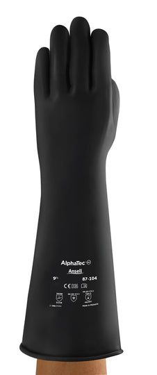 Black Ansell ILMW17 medium-weight industrial latex gauntlet glove.