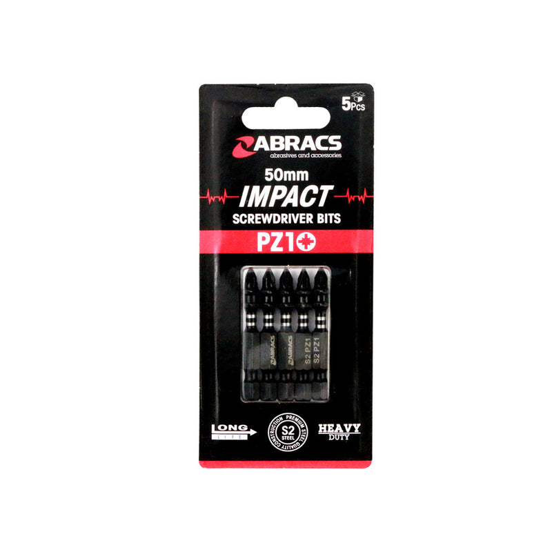 Pack of five Abracs 50mm impact screwdriver bits, size PZ1, with torsion zone.