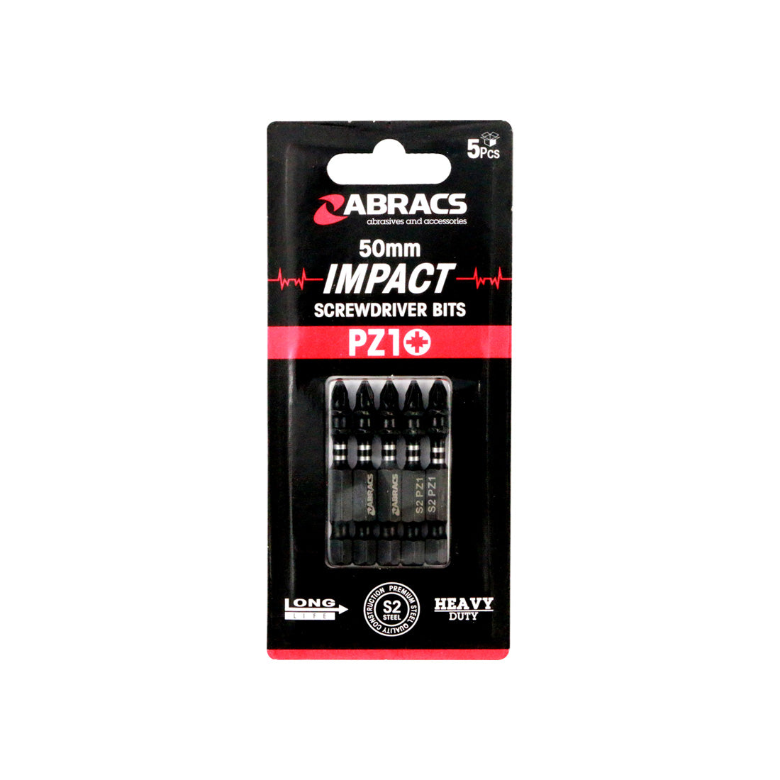 Abracs 5-piece set of 50mm impact-rated PZ2 screwdriver bits for professional use.