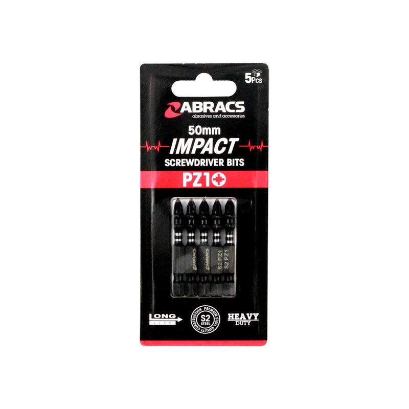 Abracs 5-piece set of 50mm impact-rated PZ2 screwdriver bits for professional use.