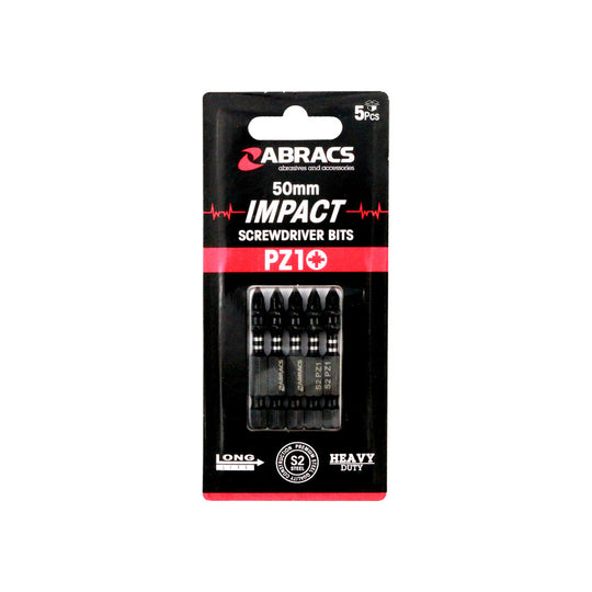 Abracs 5-piece set of 50mm impact-rated PZ2 screwdriver bits for professional use.