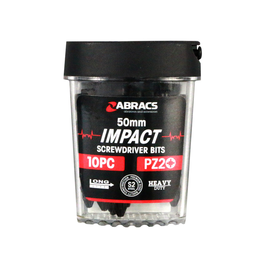 10-pack of Abracs professional 50mm impact PZ2 screwdriver bits in a blister pack.