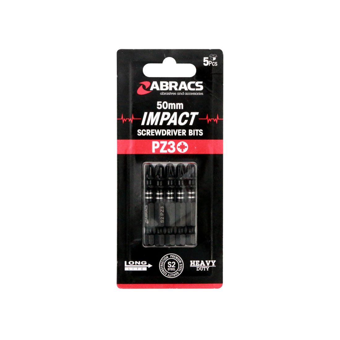 A 5-pack of Abracs 50mm impact driver bits, size PZ3, for large screws.