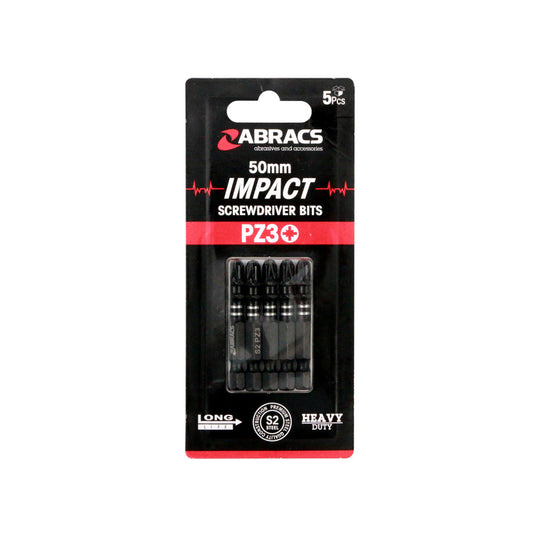 A 5-pack of Abracs 50mm impact driver bits, size PZ3, for large screws.