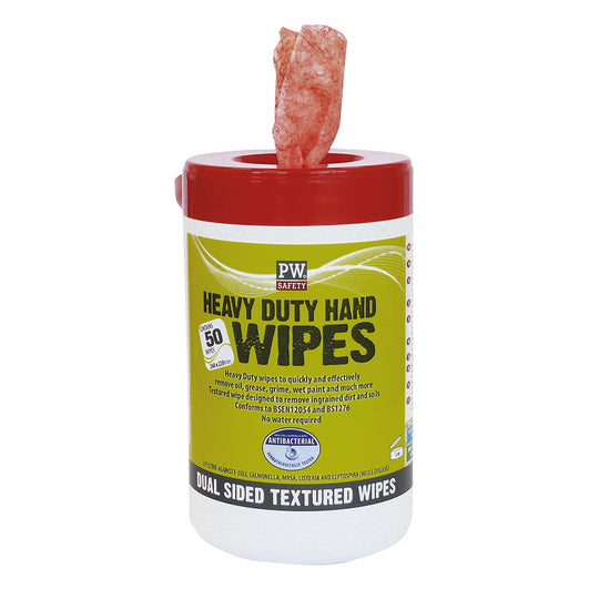 A tub of 50 Portwest heavy-duty hand wipes (IW30) with one wipe pulled out for use.
