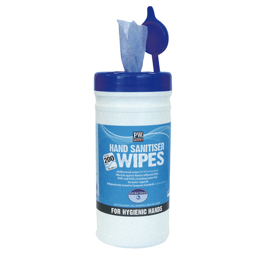 A blue tub of 200 Portwest hand sanitiser wipes (IW40) with branded label.