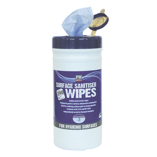 A blue tub of 200 Portwest surface sanitiser wipes (IW50) against a white background.