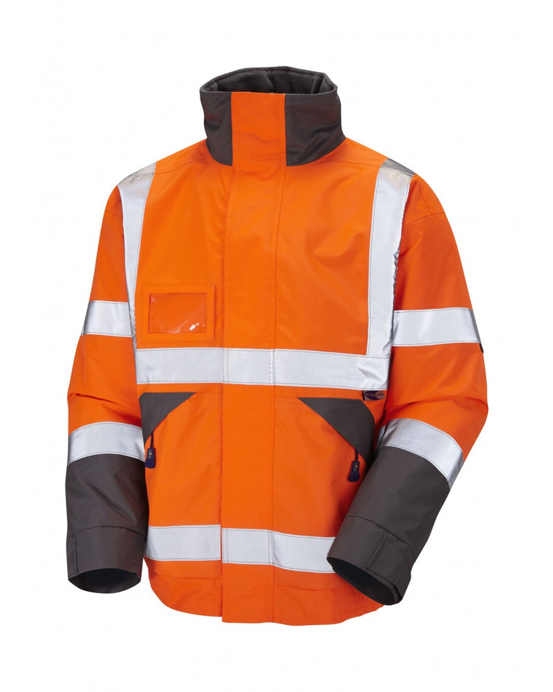 Leo Workwear Bickington orange hi-vis jacket for superior weather protection and visibility