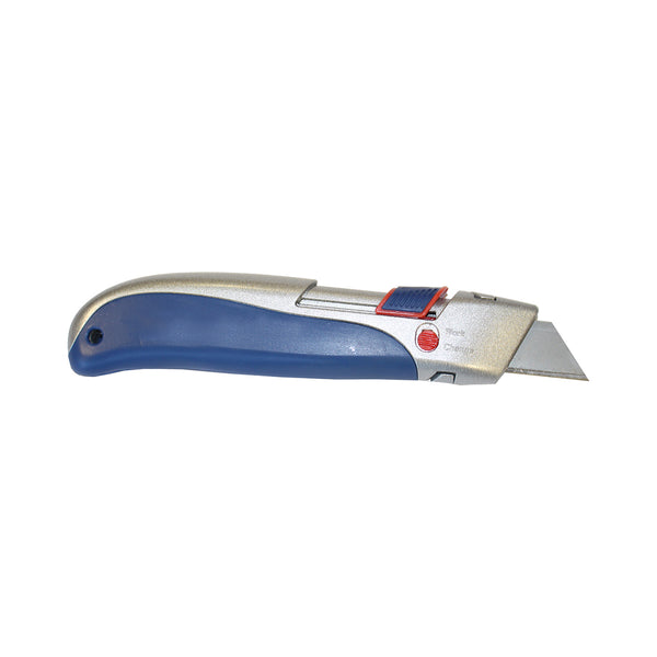 A blue Portwest retractable safety cutter (KN40) with the blade partially extended.