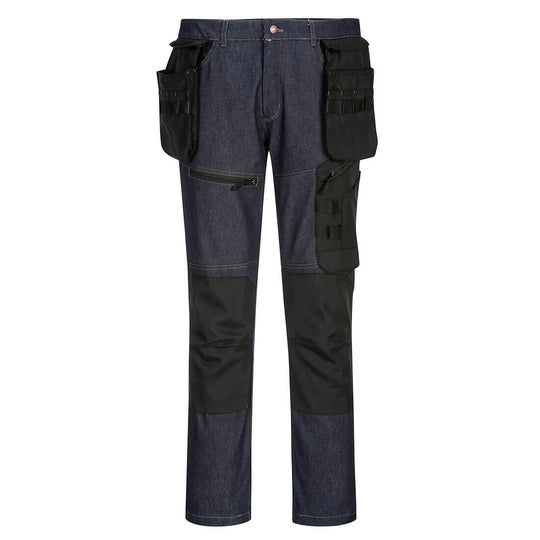 Indigo denim Portwest KX3 Holster Trouser with durable knee panels.