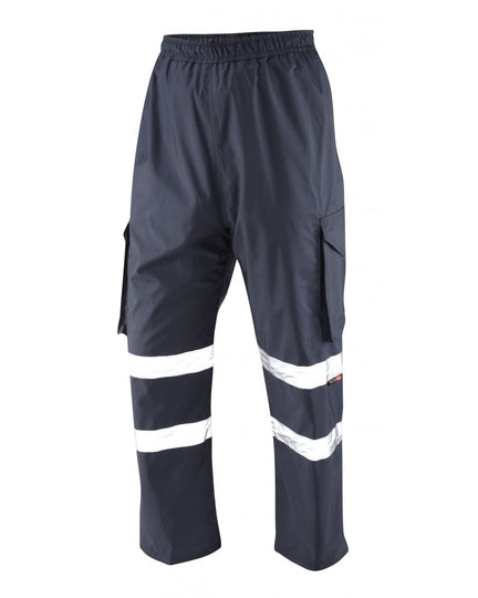 Leo Workwear Appledore navy blue Cargo Style Reflective Overtrouser for comfort and durability.