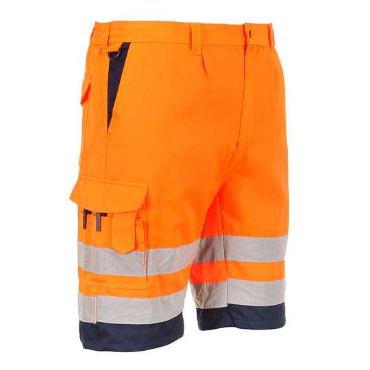 Portwest Hi-Vis Lightweight Poly-Cotton Shorts L043 in Orange/Navy.