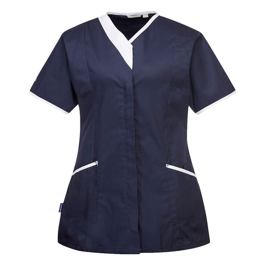 navy tunic with curved neckline and clean silhouette for staff use