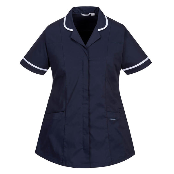 navy fitted tunic with flexible material and professional cut