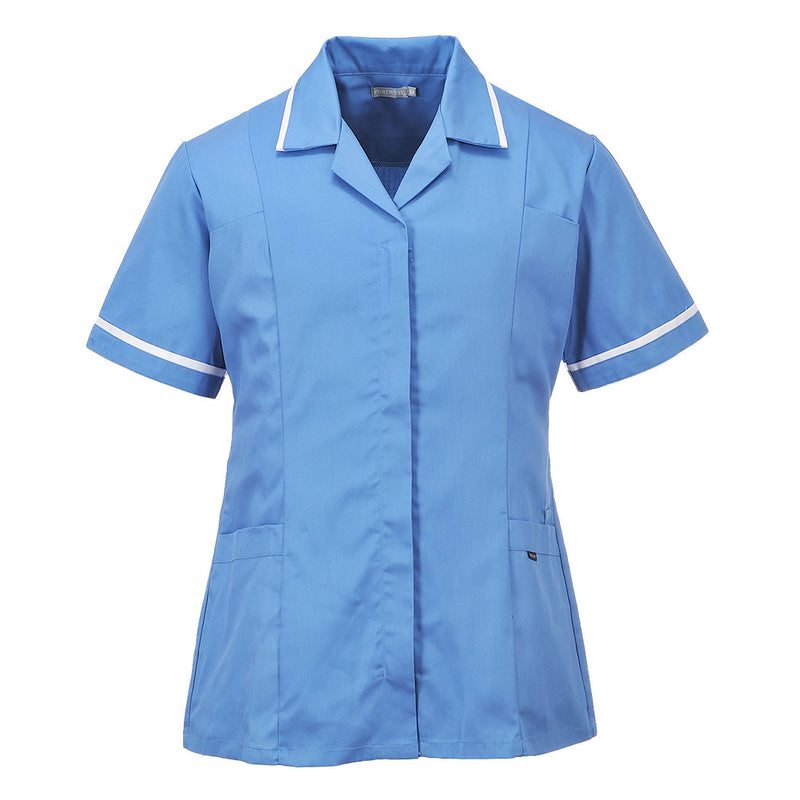 brown basic work tunic with structured collar and tailored fit