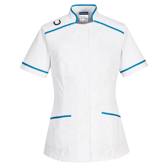 turquoise healthcare tunic with a modern collar and twin pockets