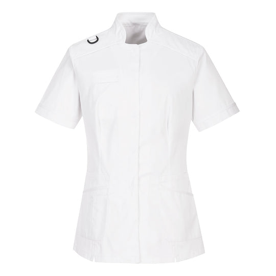 white medical tunic with structured neck and classic design