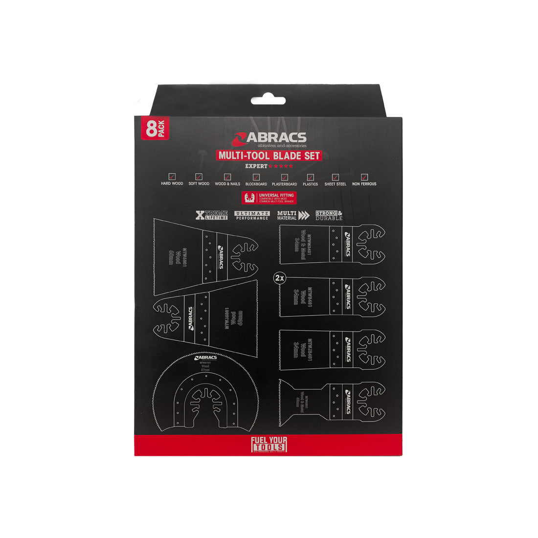Abracs 8-piece assorted multi-tool blade set for cutting wood and non-ferrous metals.