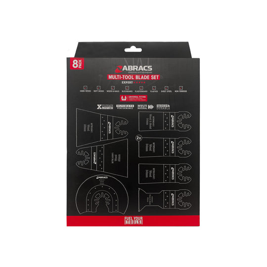 Abracs 8-piece assorted multi-tool blade set for cutting wood and non-ferrous metals.