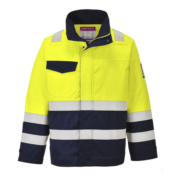 Portwest Hi-Vis Modaflame Jacket MV25 – yellow and navy flame-resistant work jacket with tape