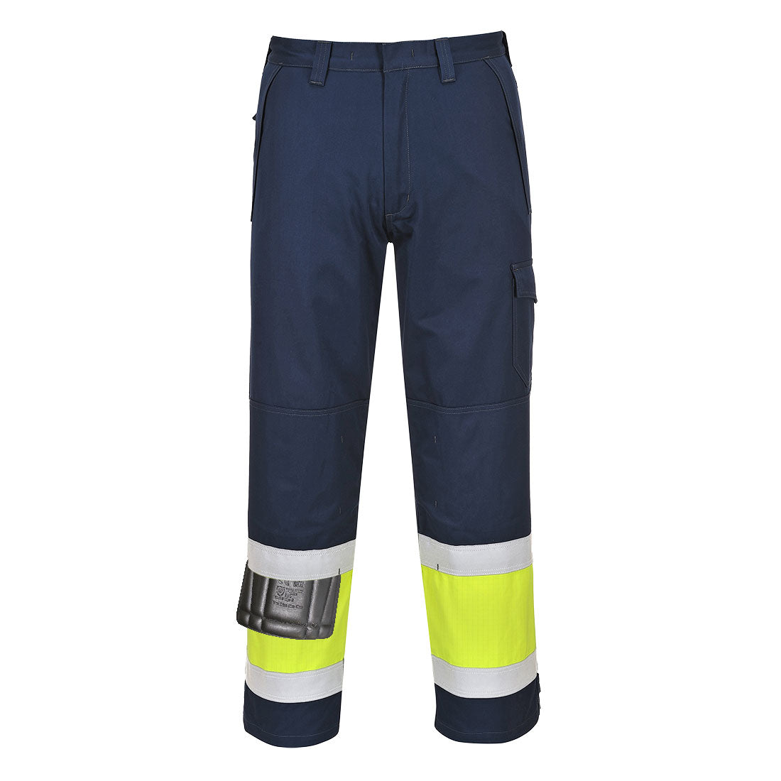Yellow and navy Portwest Hi-Vis Modaflame Trouser with flame resistance.