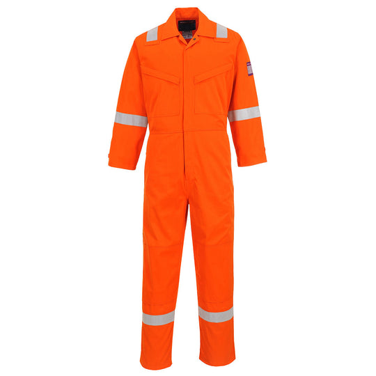 orange flame-resistant industrial coverall with reflective tape