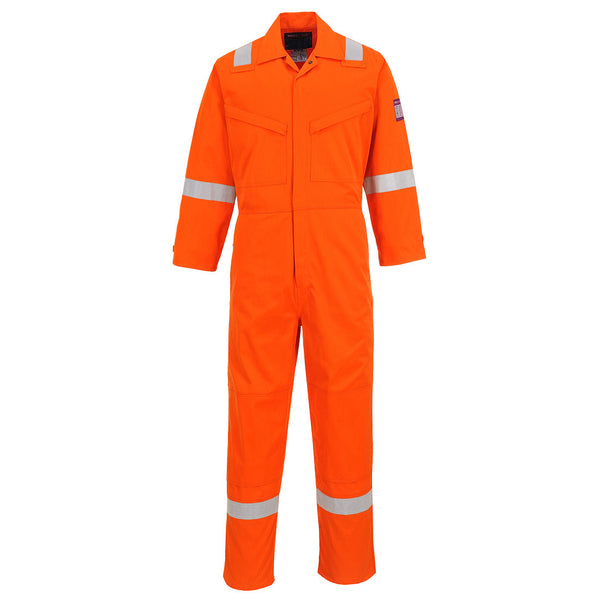 orange flame-resistant industrial coverall with reflective tape