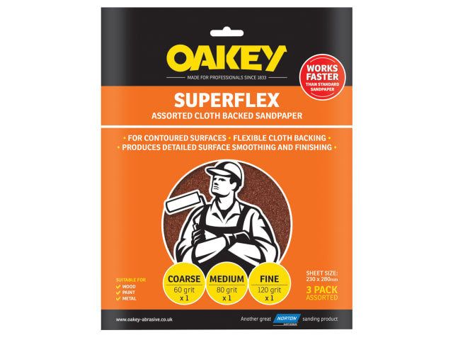 Oakey Superflex Cloth Backed Aluminium Oxide Sheets 230 x 280mm Assorted (3)
