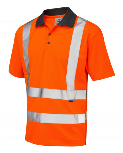High-visibility orange EcoViz Rockham ISO 20471 Class 2 Coolviz polo shirt with grey collar