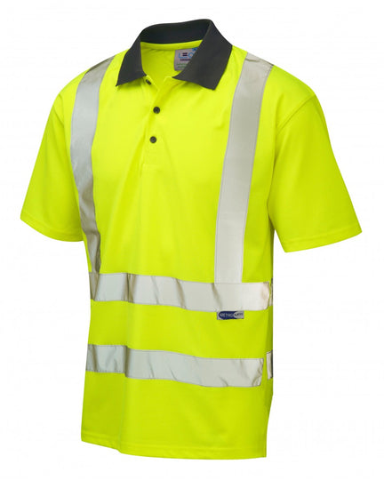 High-visibility yellow EcoViz Rockham ISO 20471 Class 2 Coolviz polo shirt with grey collar