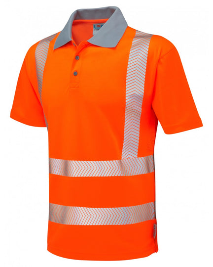 High-visibility orange Woolacombe ISO 20471 Class 2 Coolviz Plus polo shirt with grey collar