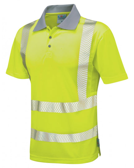 High-visibility yellow Woolacombe ISO 20471 Class 2 Coolviz Plus polo shirt with grey collar