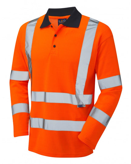 Bright orange long-sleeve polo shirt with navy collar and reflective stripes, front view