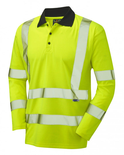 Bright yellow long-sleeve polo shirt with navy collar and reflective stripes, front view