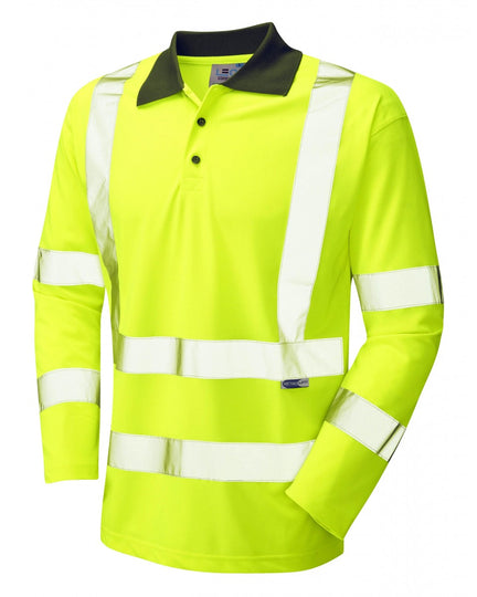 Bright yellow long-sleeve polo shirt with grey collar and reflective stripes, front view