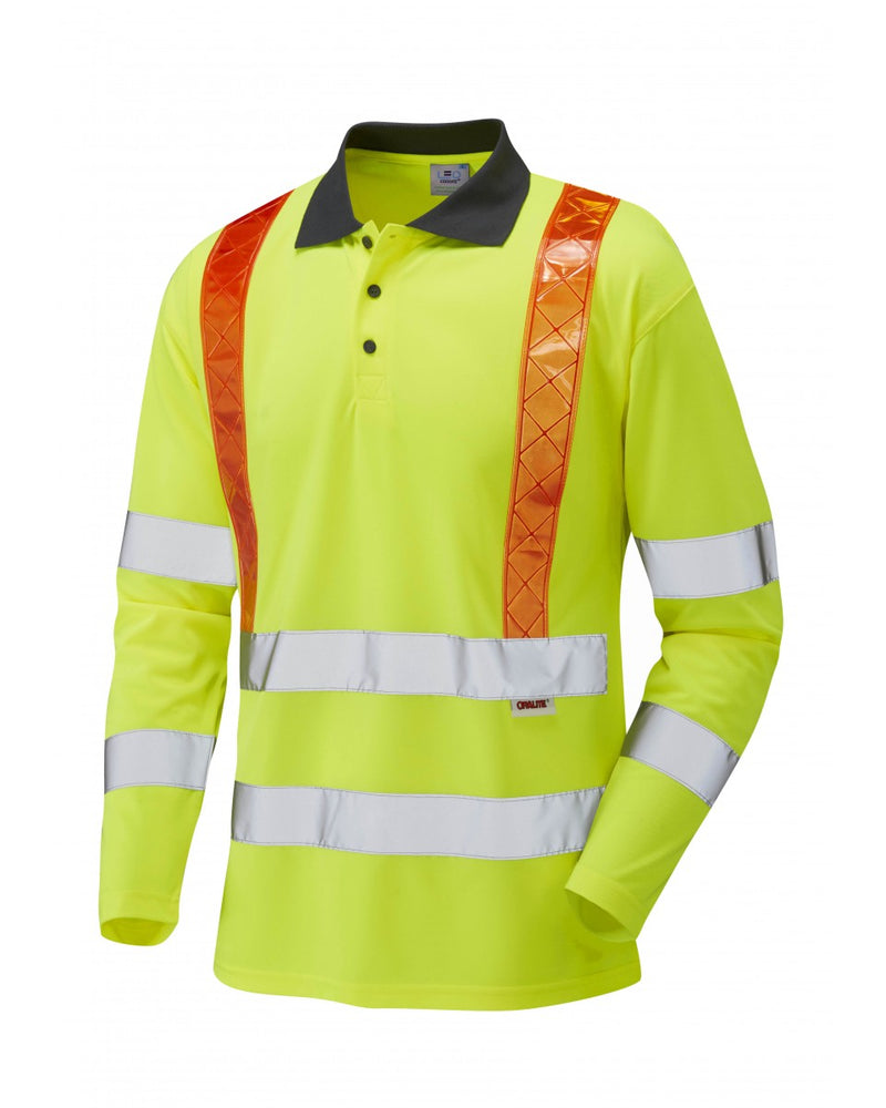Bright yellow long-sleeve polo shirt with grey collar and reflective vertical stripes, front view