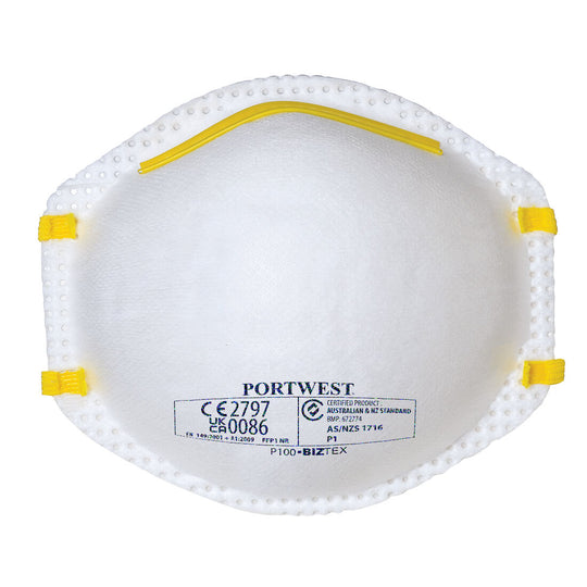A white Portwest FFP1 non-valved disposable cup respirator (P100) on a white background.
